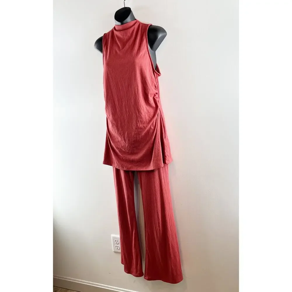 En Elly Anthropologie 2 Piece Ribbed High Neck Top & Flare Pants Red Medium - Picture 8 of 10